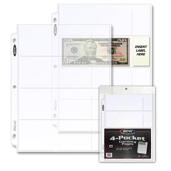 BCW Pro 4-Pocket Currency Pages (20ct)