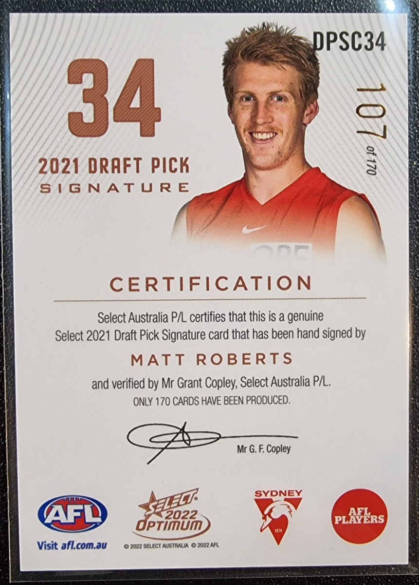 Matt Roberts 2022 Select AFL Optimum Draft Pick Signature COPPER 10