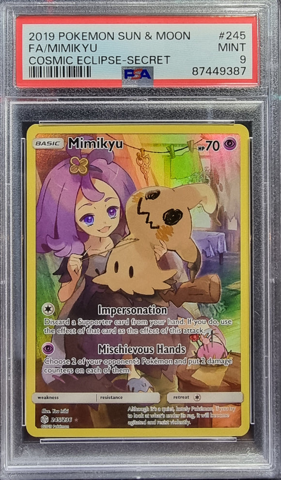 Mimikyu - Pokemon Cosmic Eclipse FULL ART Holo Secret Rare #245/236 - PSA 9 MINT