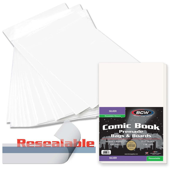 BCW Premade Resealable Silver/Regular Comic Bag+Board (50ct)